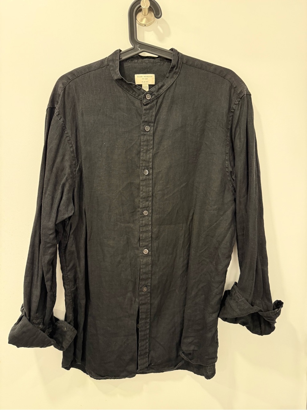 Club Monaco Black Long-Sleeve Mandarin Collar Linen Button-Down Shirt